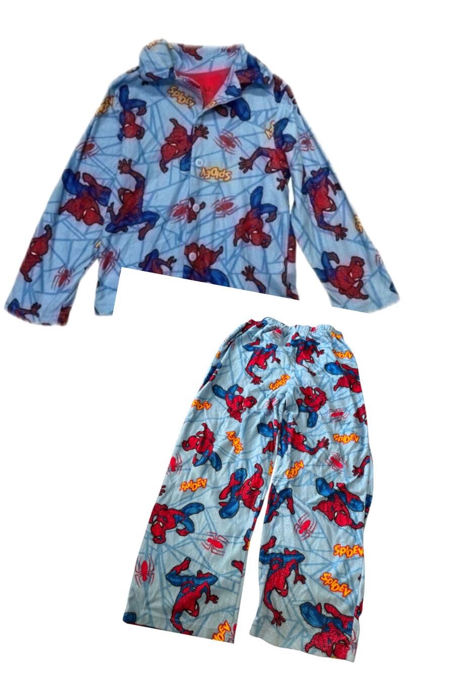 Marvel Spider-Man Blue Button Down Pajama Set Top Pants Boys Size 6